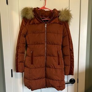 Burnt Orange Puffer Coat with Fur Hood